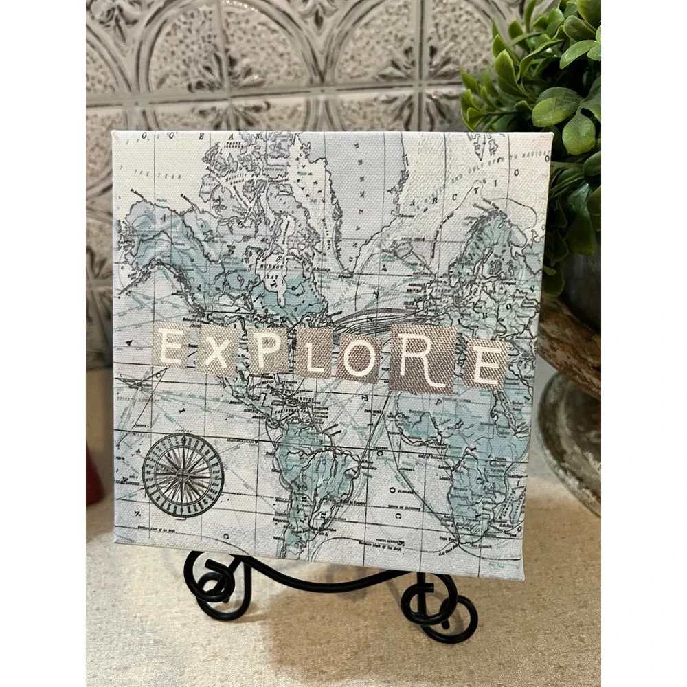 Explore World Map Canvas Wall Art Small Square Travel Decor 6x6